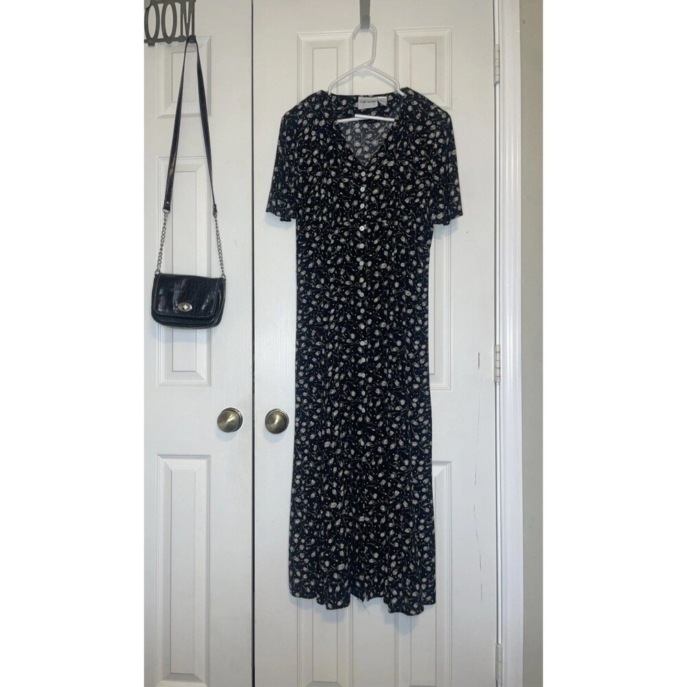 Vintage Late-80s Size 6 Caroline Wells Button Up Maxi Dress Black Floral Rayon